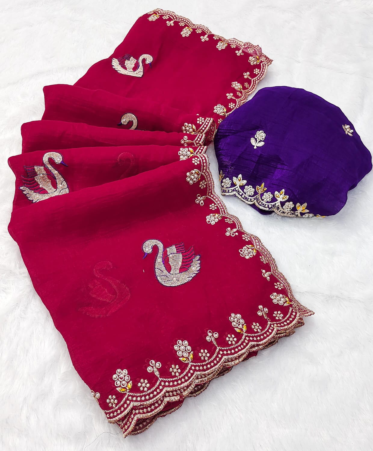 Crunchy Chiffon Peacock Embroidered Saree with Moti & Diamond Work on Border