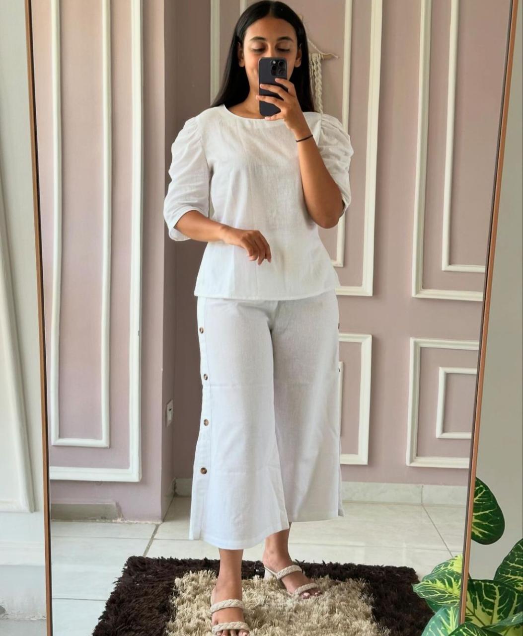 Cotton Puff Sleeve Coord Set with Culottes Palazzo Pant
