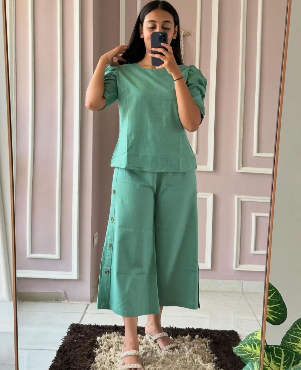 Cotton Puff Sleeve Coord Set with Culottes Palazzo Pant