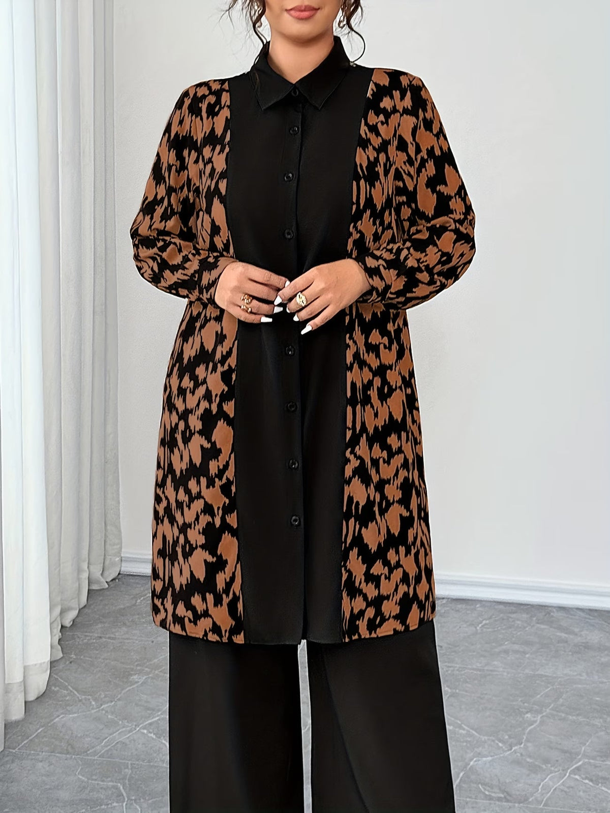 Women's Elegant Patchwork Cardigan, Mid-Length Shirt & Straight-Leg Trousers Set