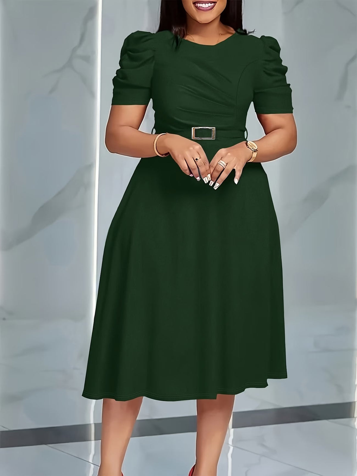 Women's Elegant V-Neck Ruffle Midi Dress with Waist Belt