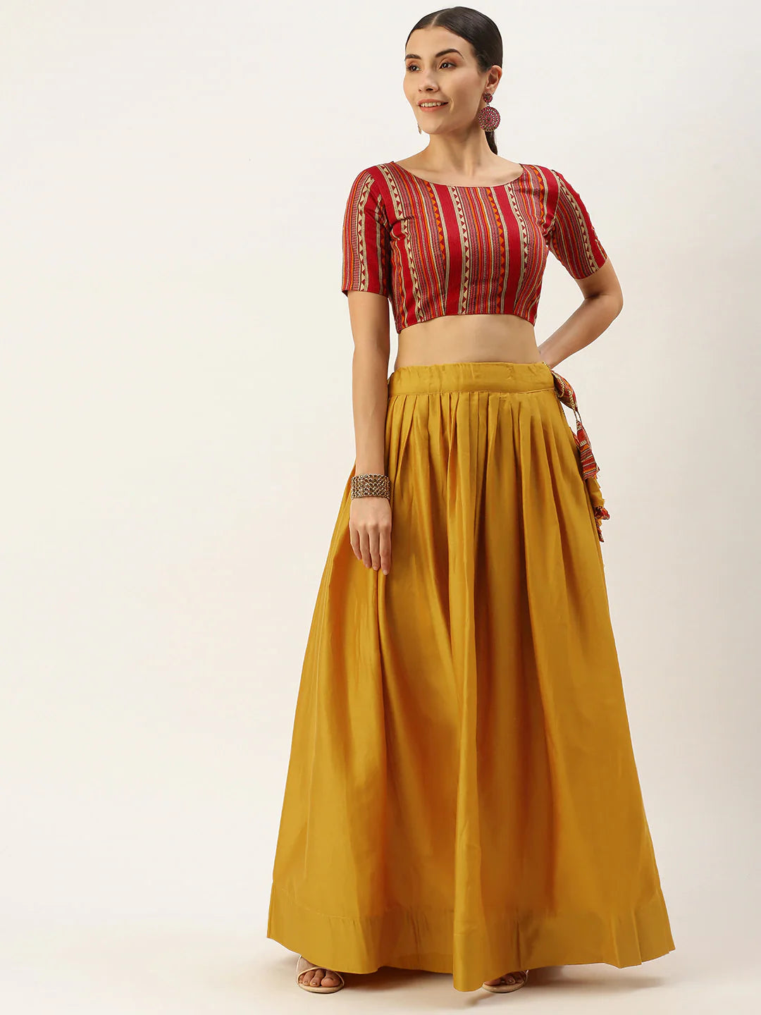 Mustard and multicoloured printed lehenga choli