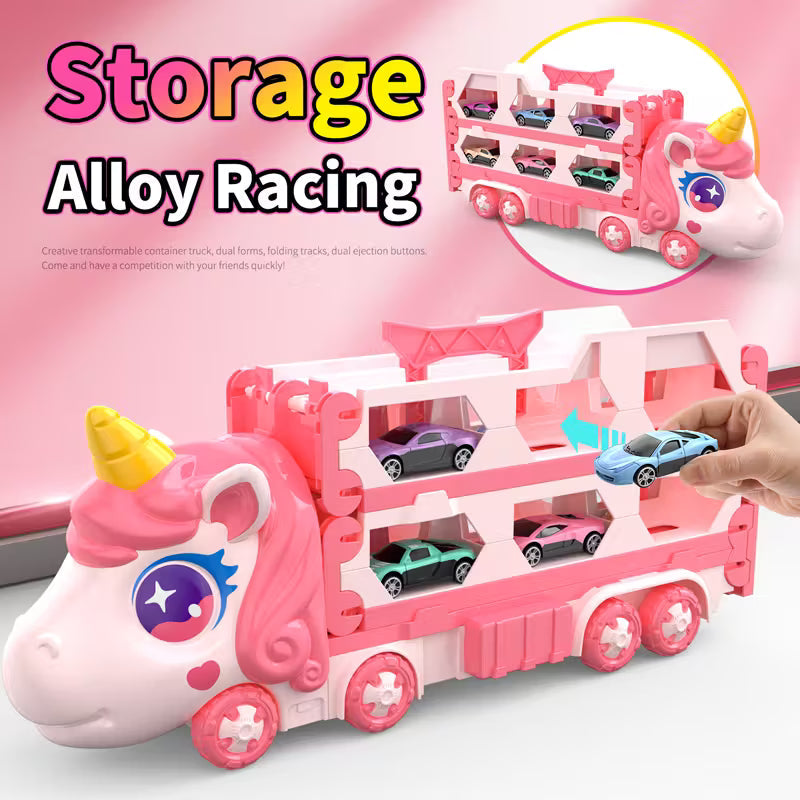 Kids Transport Truck Toy with Dual Tracks & 2 Metal Cars 🚛🏁