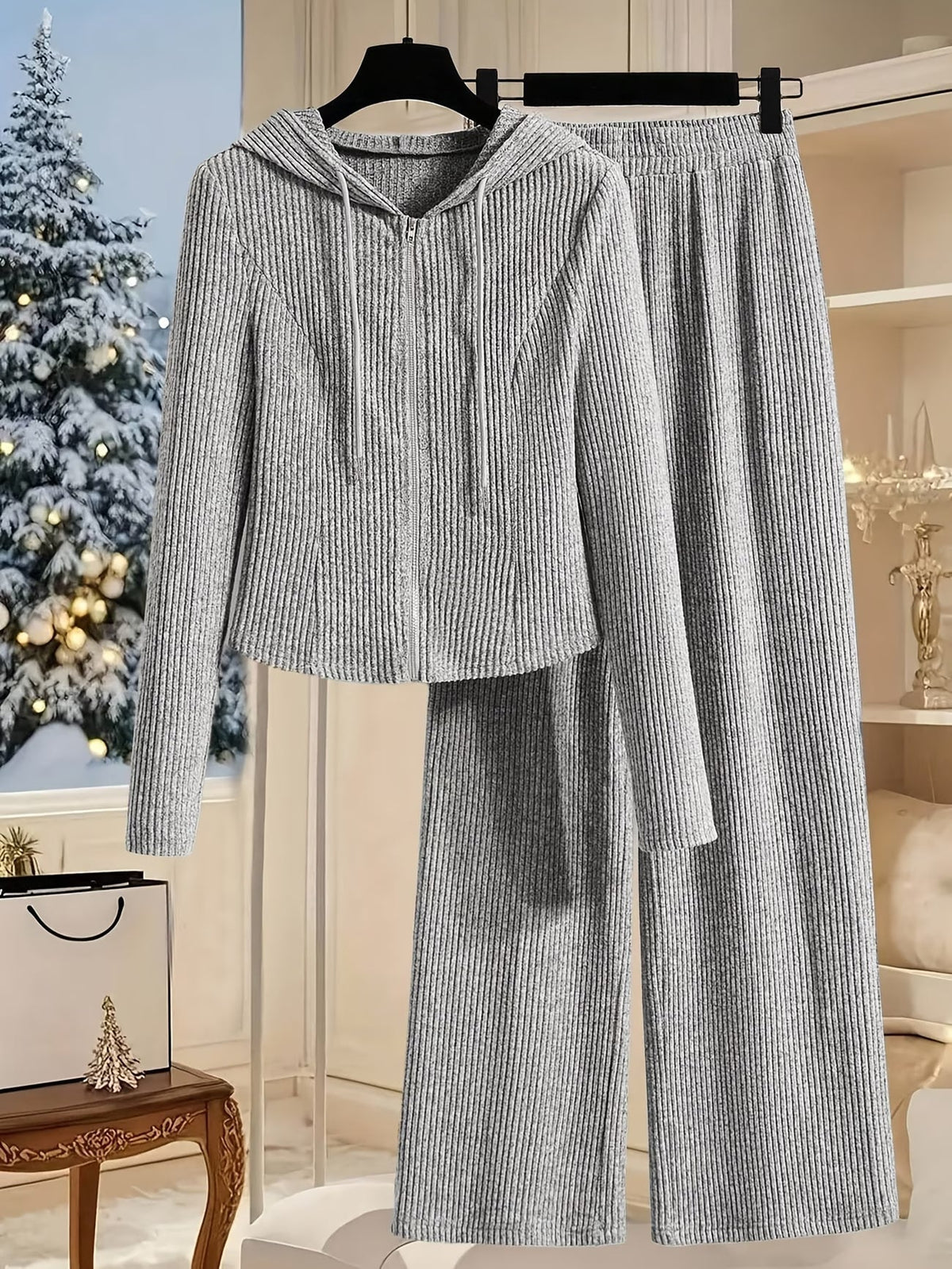 Women’s Hooded Long Sleeve Top & Pants Co-Ord Set – Elegant Solid Color Lounge Wear