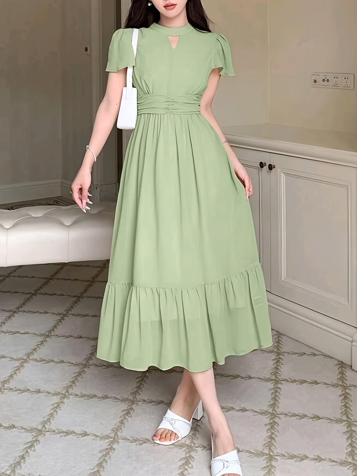 Women's Elegant Pleated Waist Ruffle Hem Maxi Dress
