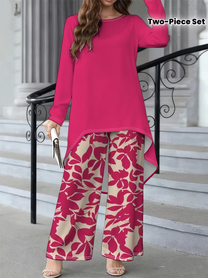 Women’s Long-Sleeve Floral Suit – Light Red Flowers on Gray, Casual & Vacation Wear