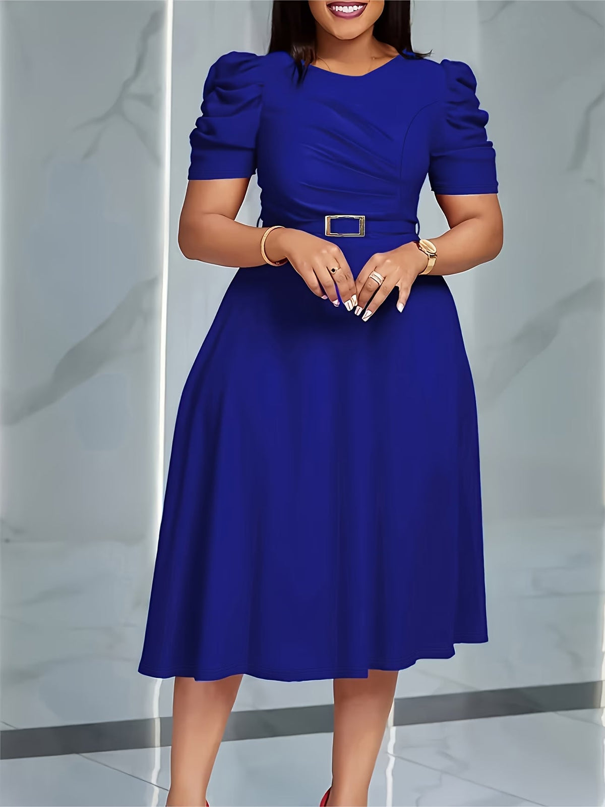 Women's Elegant V-Neck Ruffle Midi Dress with Waist Belt