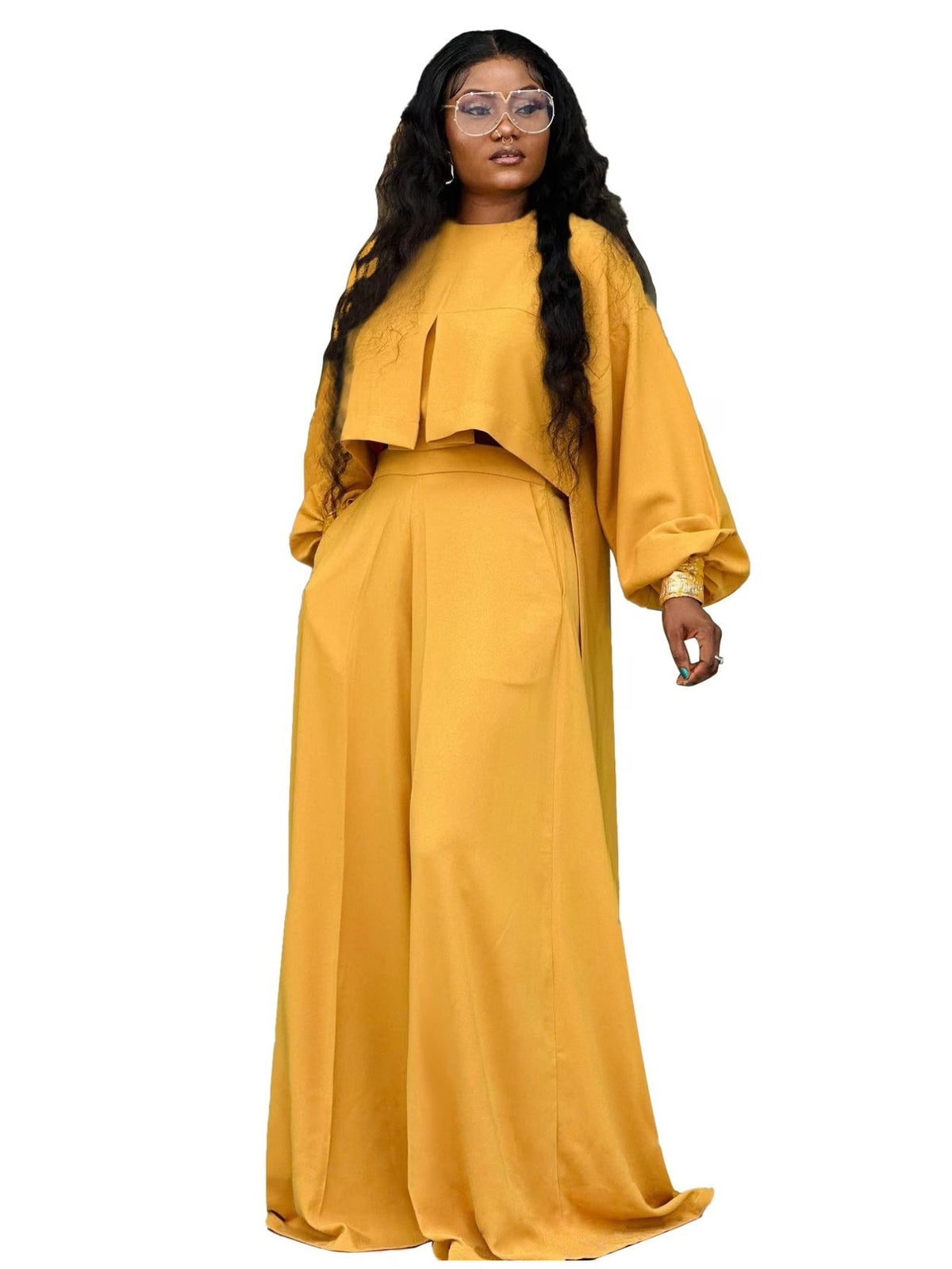 Plus Size Elegant Lantern Sleeve Top & Wide-Leg Pants Set