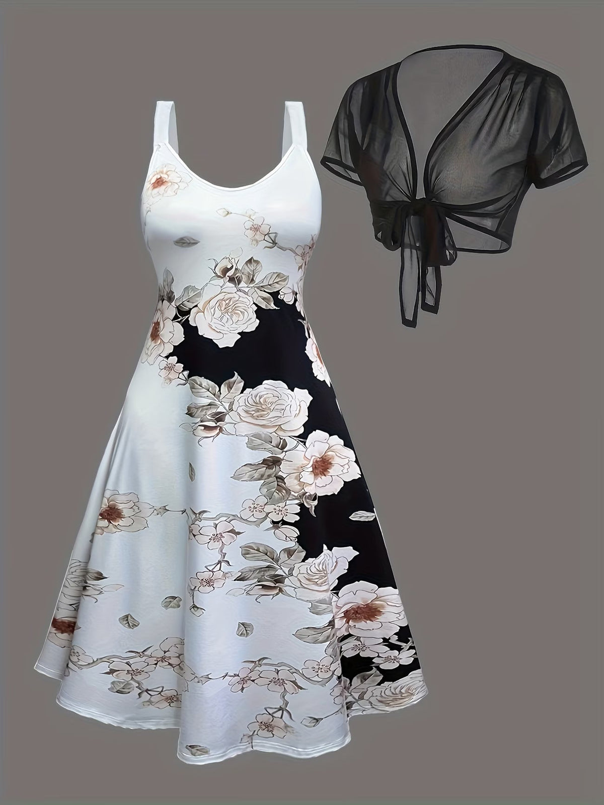 Plus Size Women Elegant Lace Coat & Printed Vest Dress 2-Piece Outfit Set