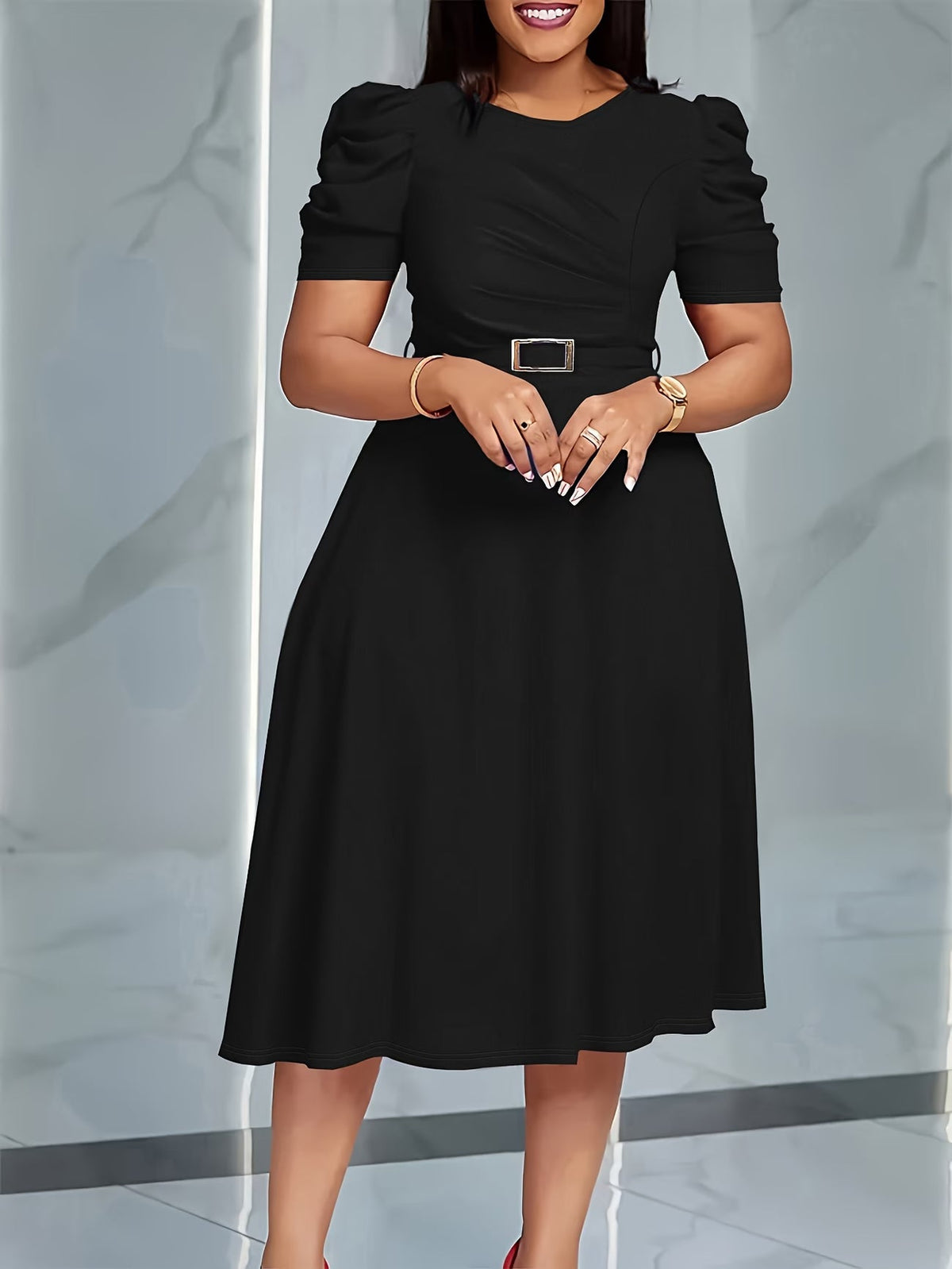 Women's Elegant V-Neck Ruffle Midi Dress with Waist Belt