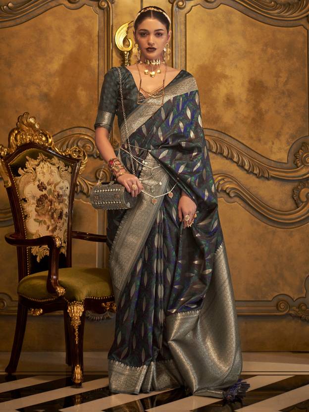 Dark Blue Classic Banarasi Silk Blend Saree – Perfect for Weddings & Festive Occasions