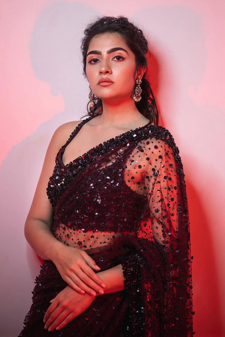 Dark Brown Glamorous Net Saree with Hologram Sequin Work – Shine & Slay