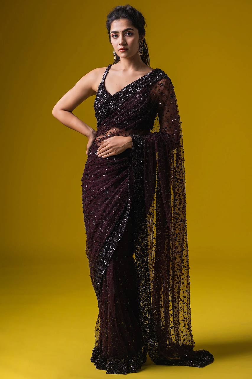 Dark Brown Glamorous Net Saree with Hologram Sequin Work – Shine & Slay