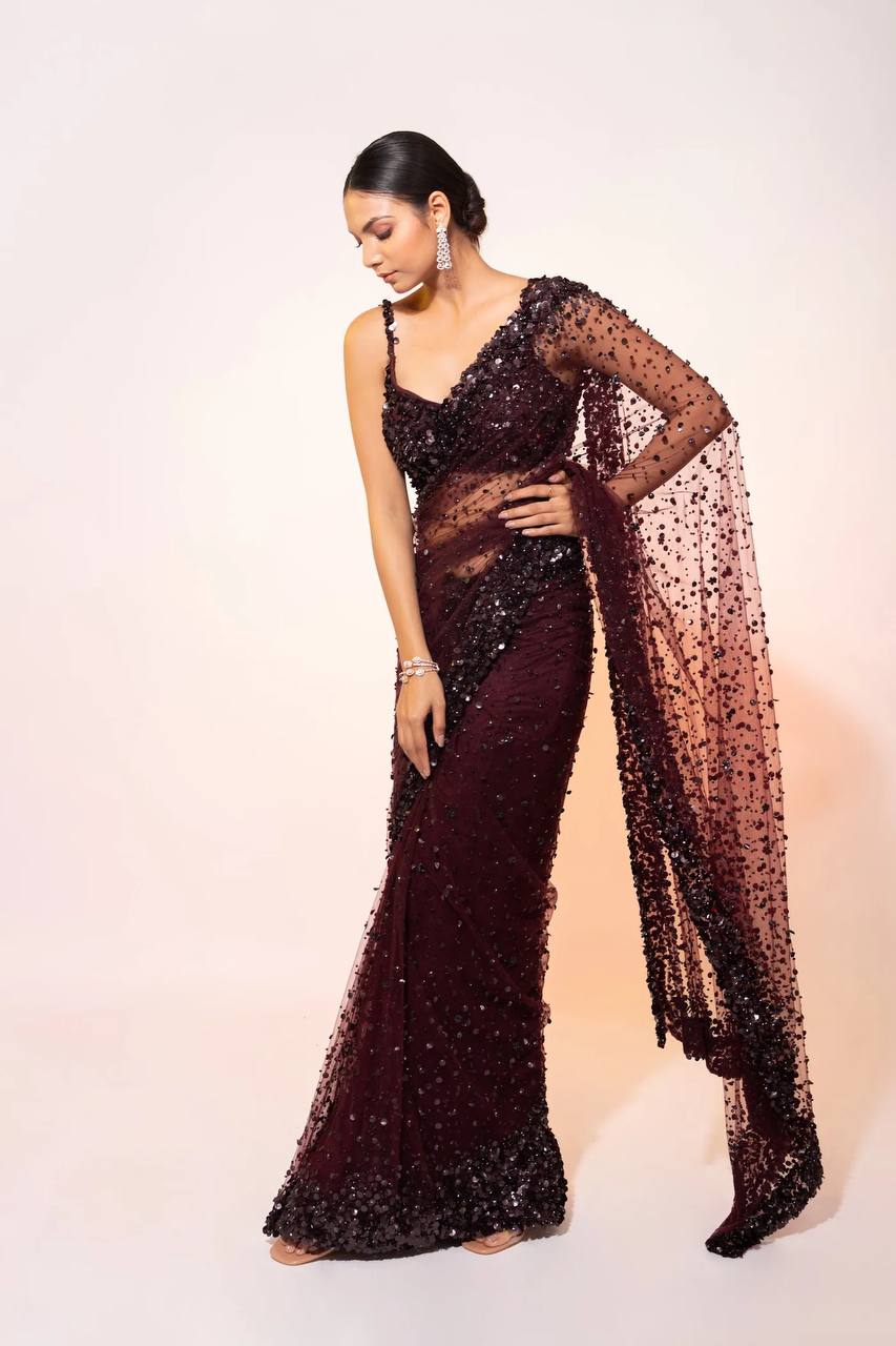 Dark Brown Glamorous Net Saree with Hologram Sequin Work – Shine & Slay