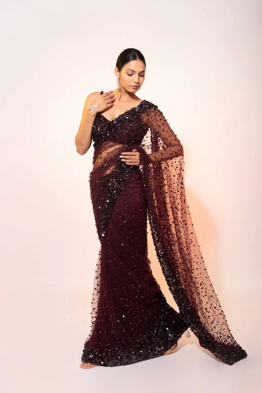 Dark Brown Glamorous Net Saree with Hologram Sequin Work – Shine & Slay