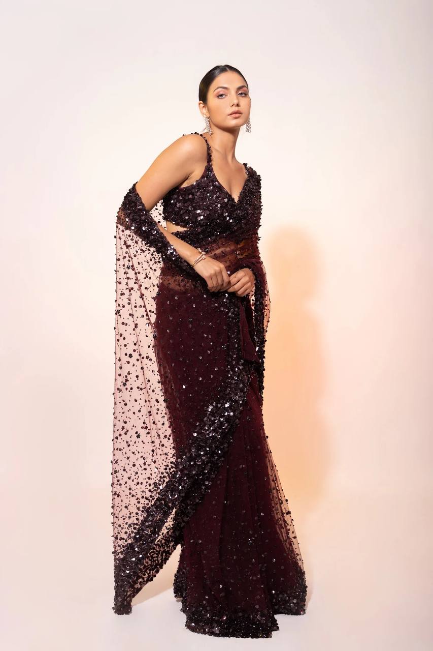 Dark Brown Glamorous Net Saree with Hologram Sequin Work – Shine & Slay