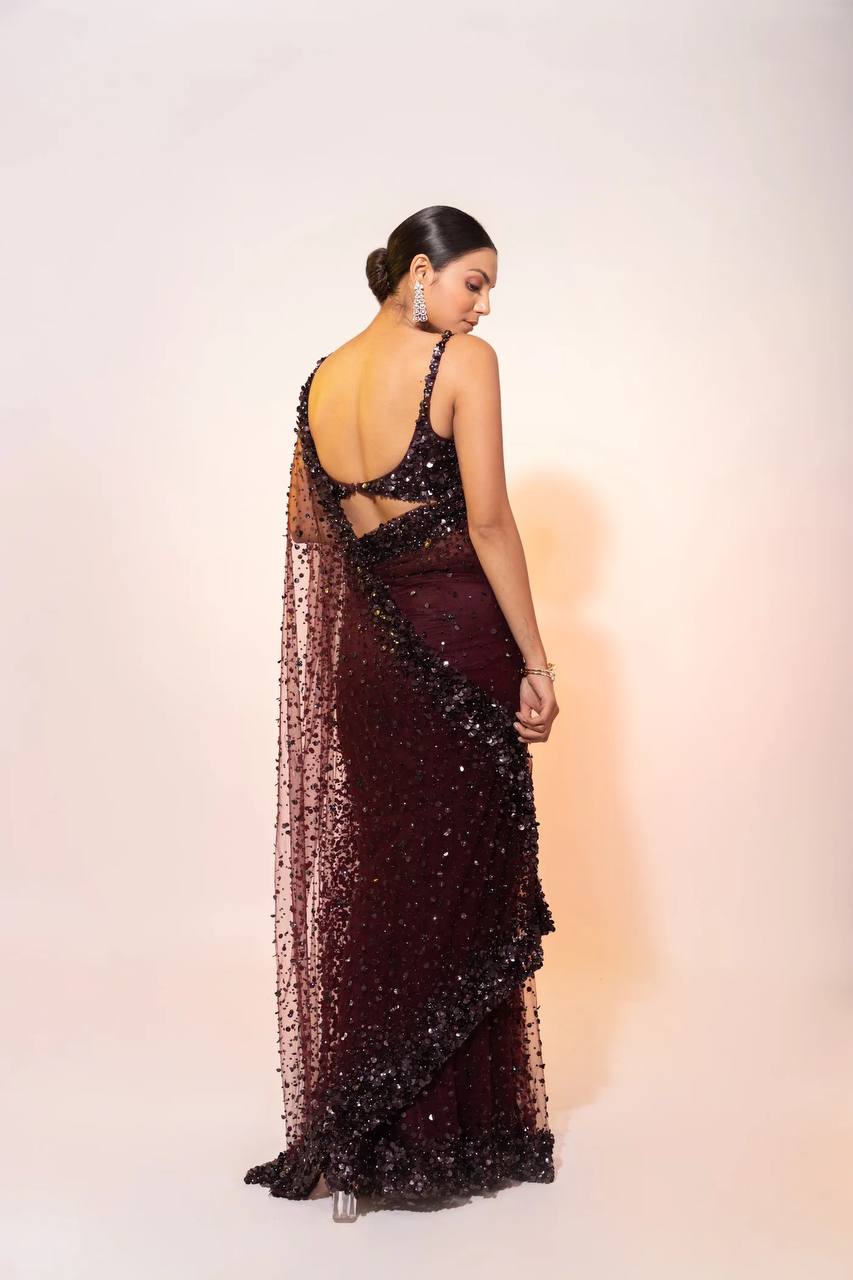 Dark Brown Glamorous Net Saree with Hologram Sequin Work – Shine & Slay