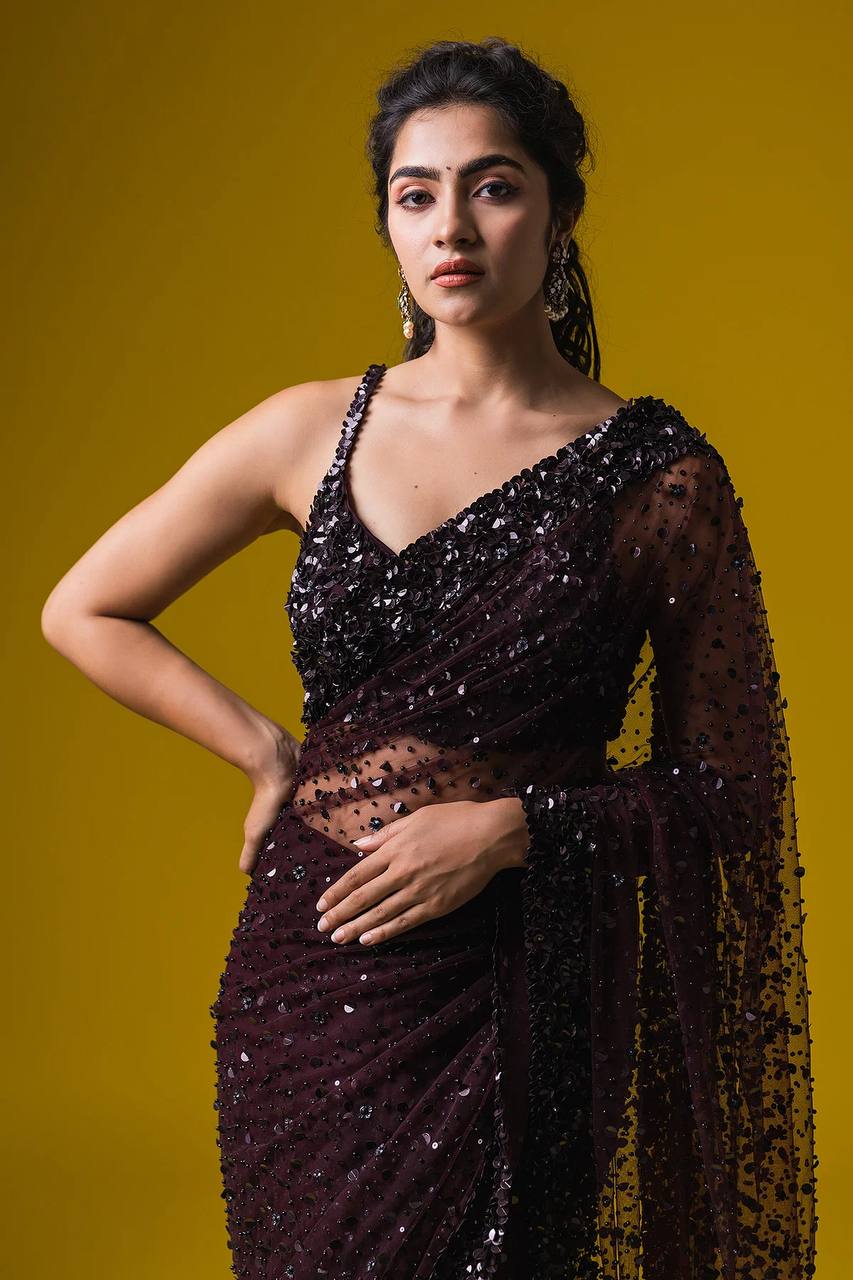 Dark Brown Glamorous Net Saree with Hologram Sequin Work – Shine & Slay