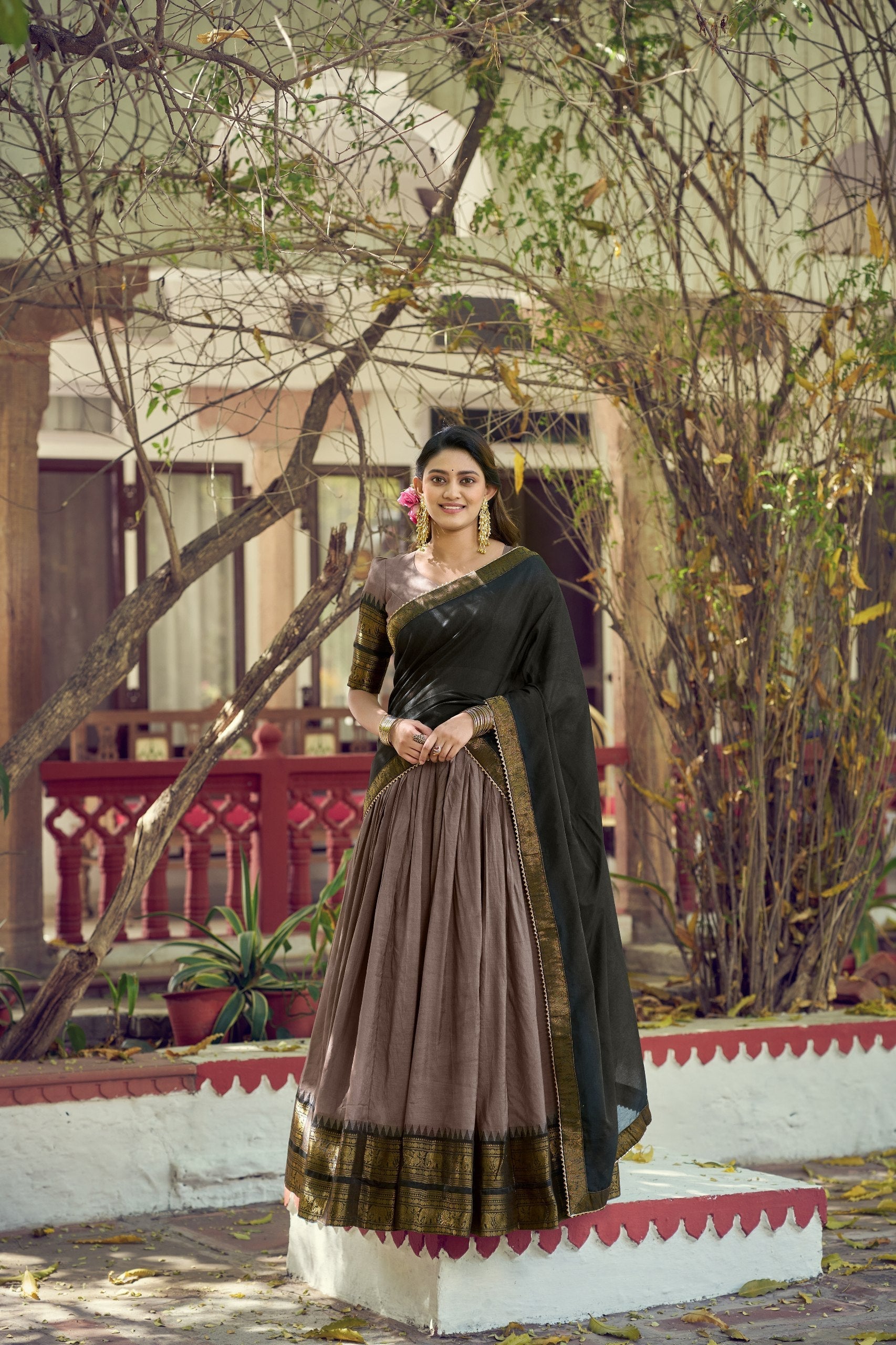 Dark Brown Kalamkari Print Lehenga Set