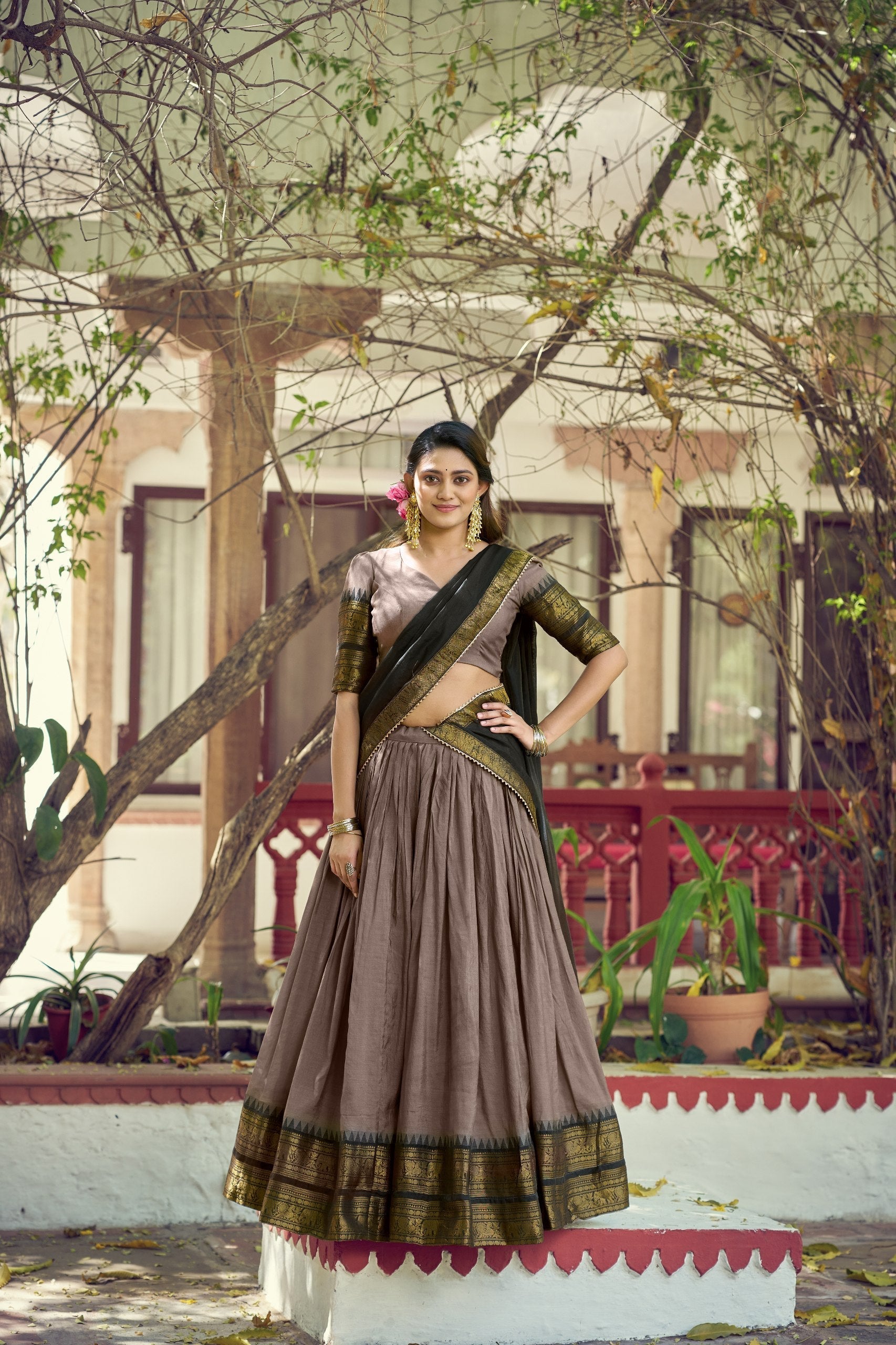 Dark Brown Kalamkari Print Lehenga Set