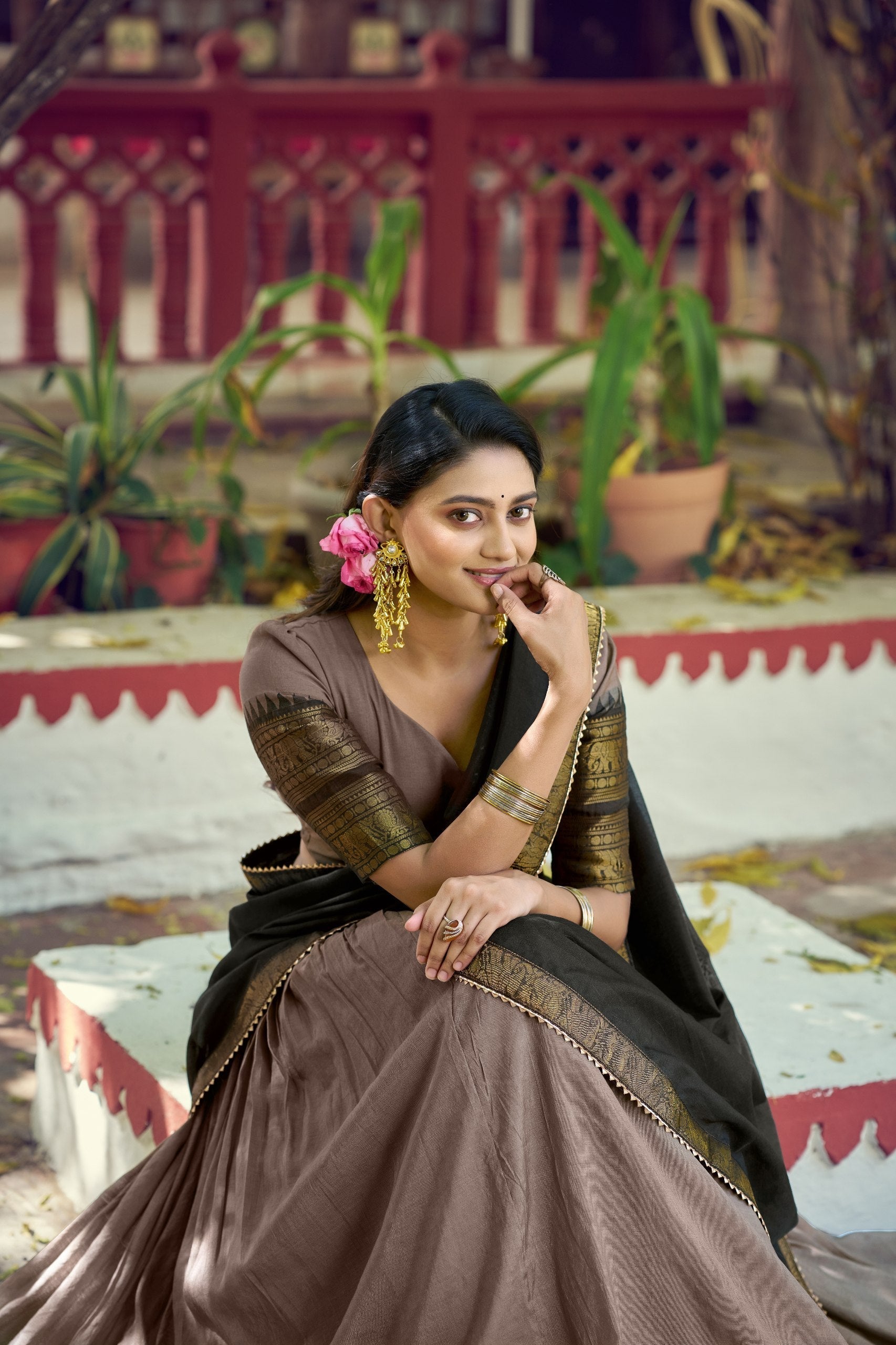 Dark Brown Kalamkari Print Lehenga Set