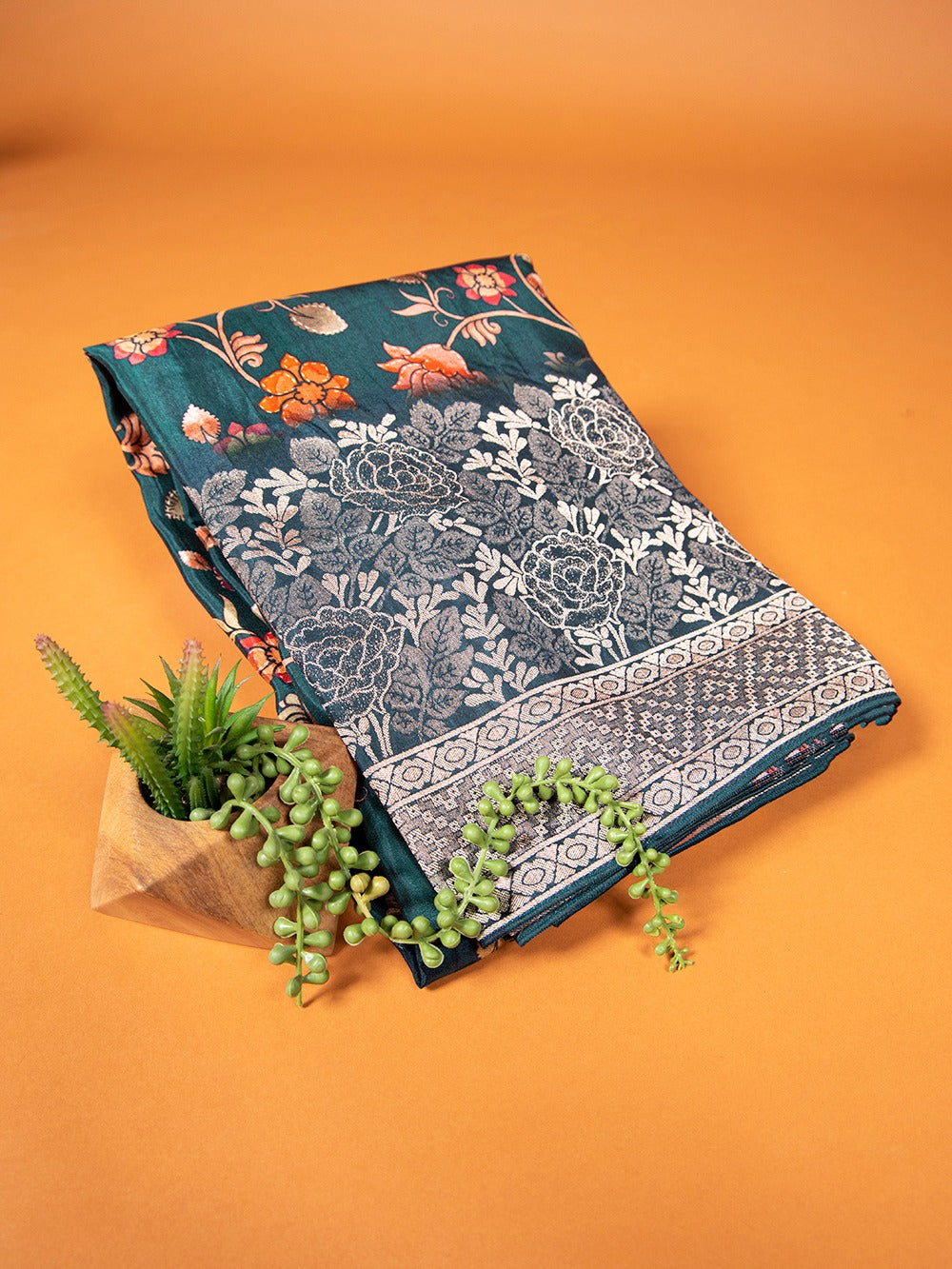 Dark Green Viscose Kalamkari Saree with Zari Weaving & Tassels