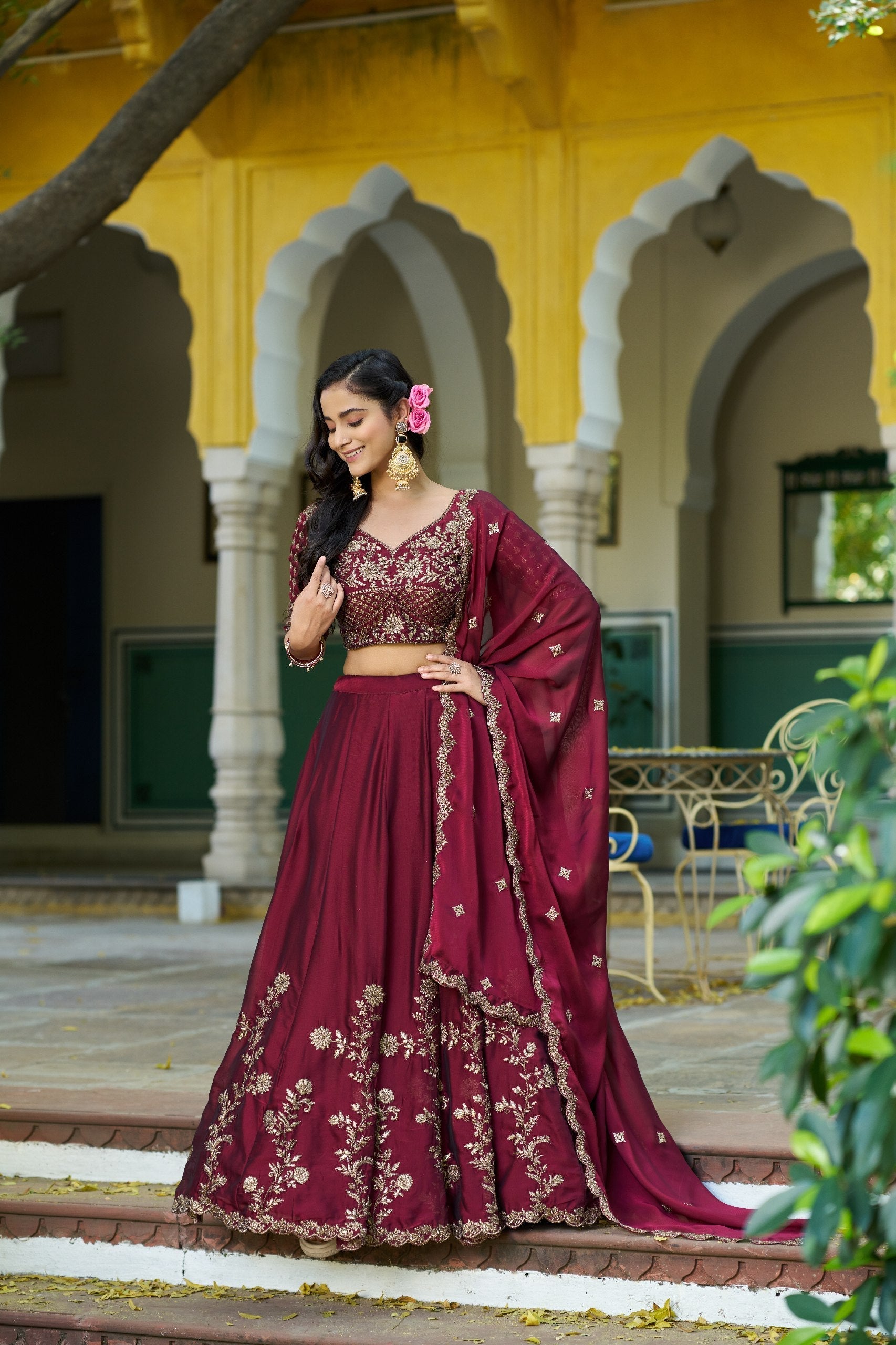 Dark Maroon Silk Festive Lehenga Choli