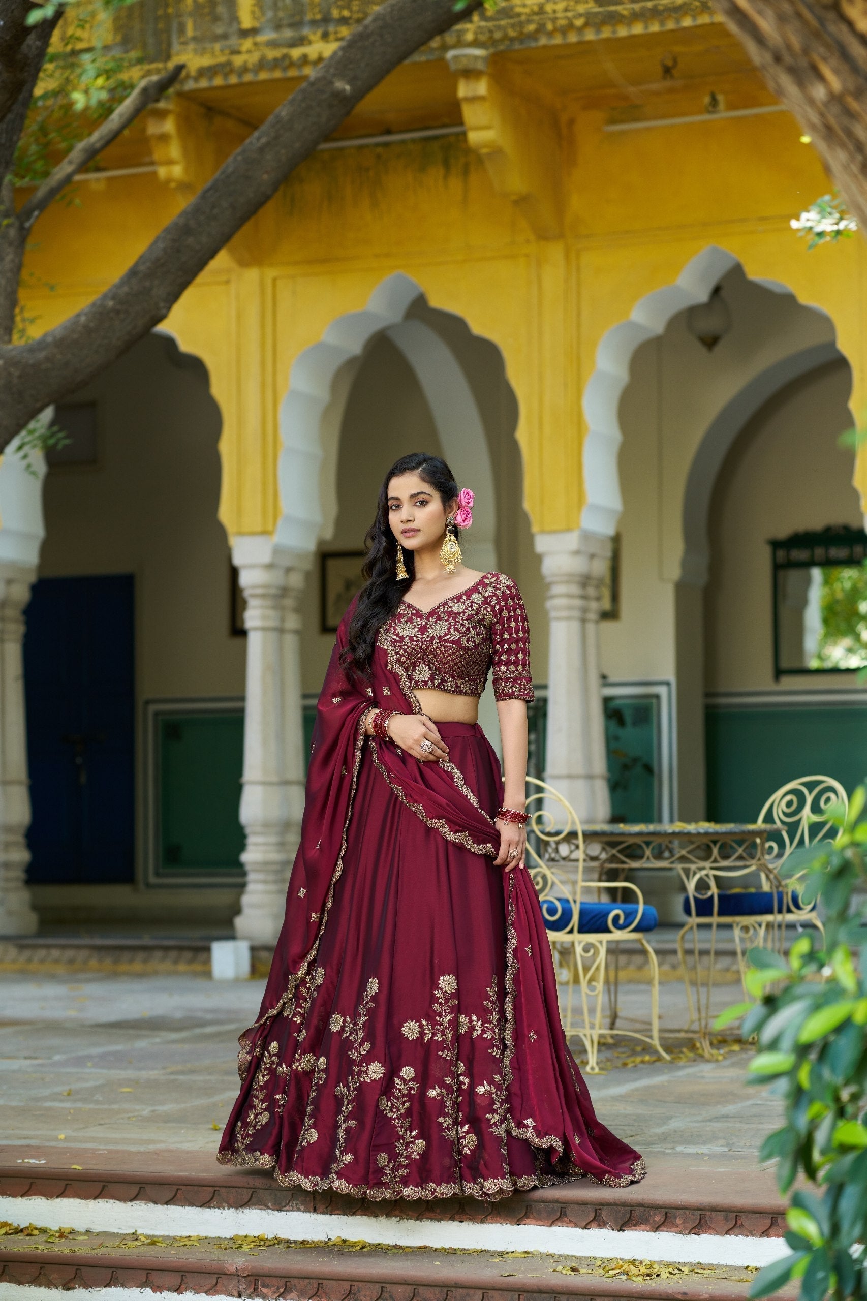 Dark Maroon Silk Festive Lehenga Choli