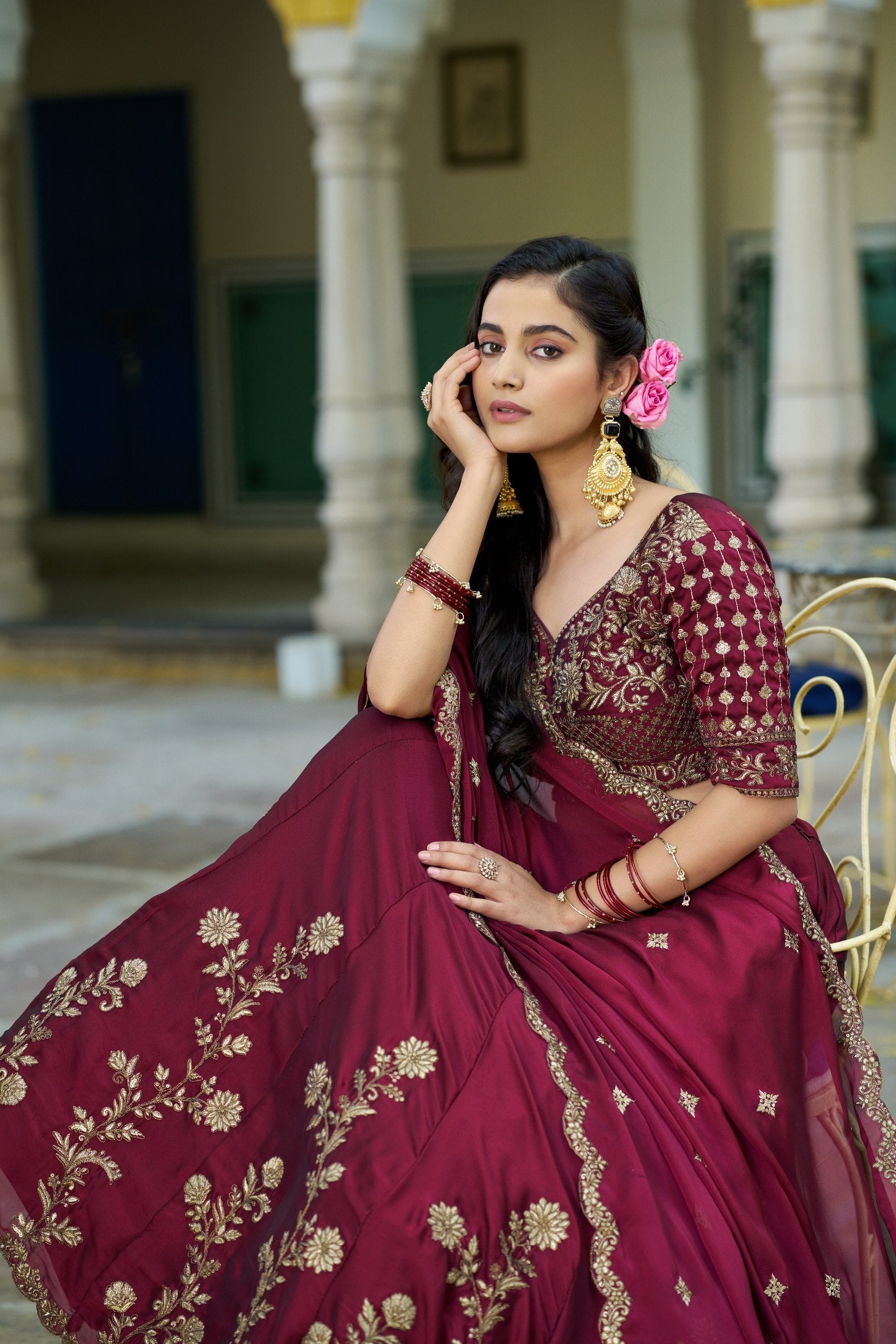 Dark Maroon Silk Festive Lehenga Choli