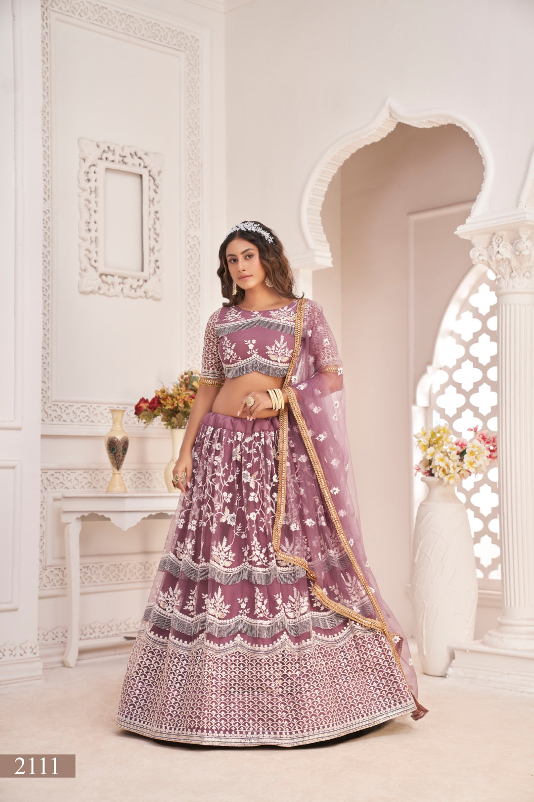 Dark Onion Butterfly Net Lehenga with White Thread, Zari & Sequin Embroidery
