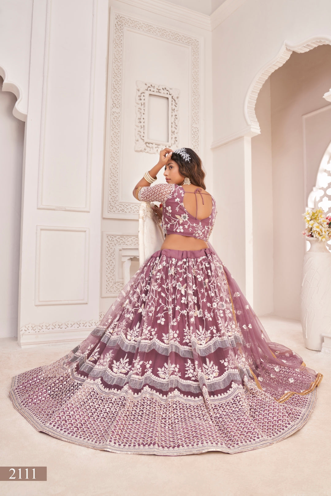 Dark Onion Butterfly Net Lehenga with White Thread, Zari & Sequin Embroidery
