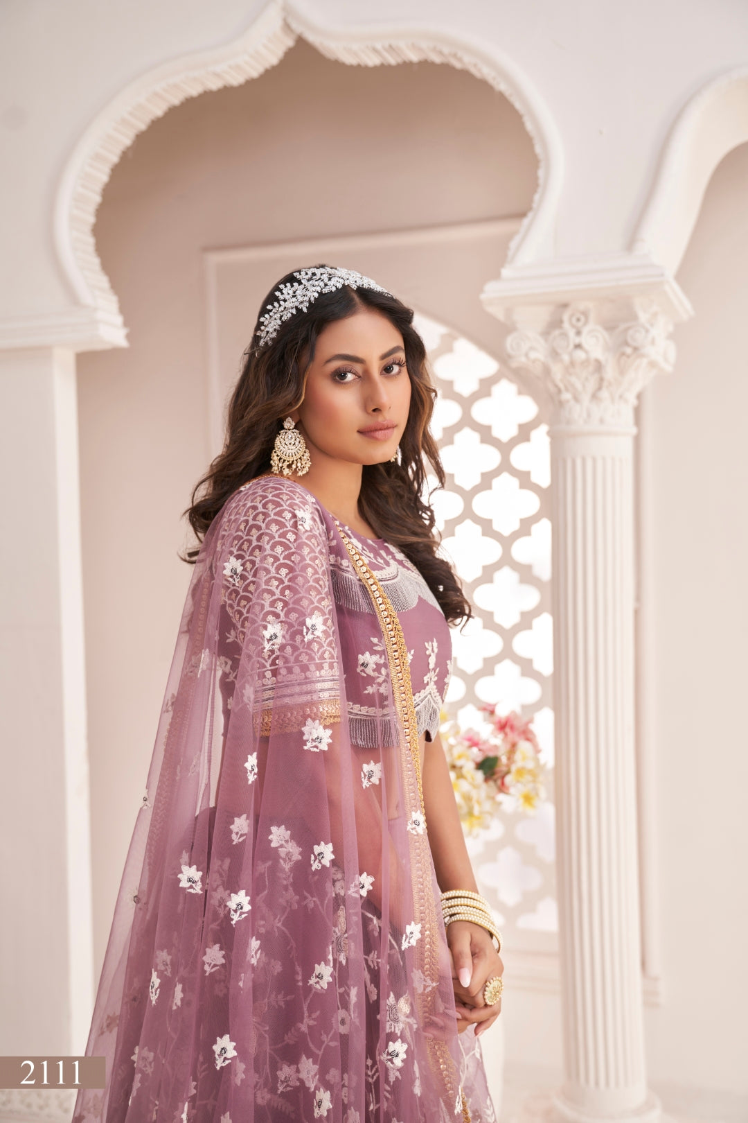 Dark Onion Butterfly Net Lehenga with White Thread, Zari & Sequin Embroidery
