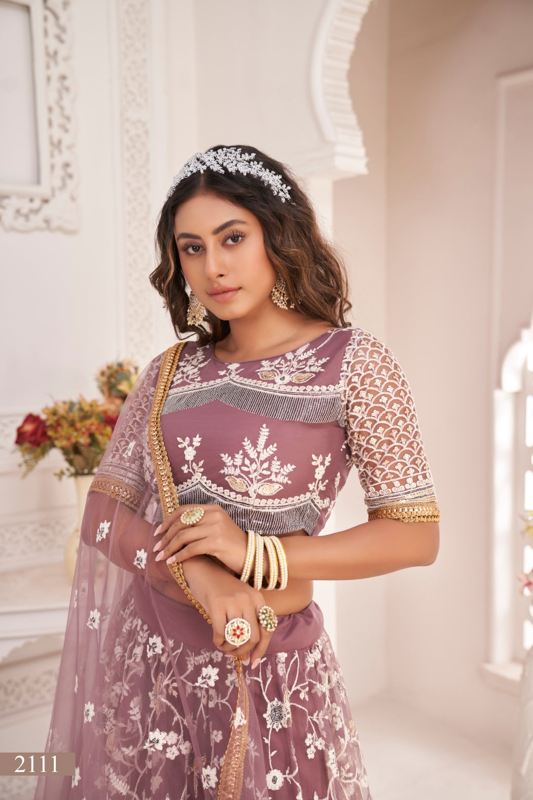 Dark Onion Butterfly Net Lehenga with White Thread, Zari & Sequin Embroidery
