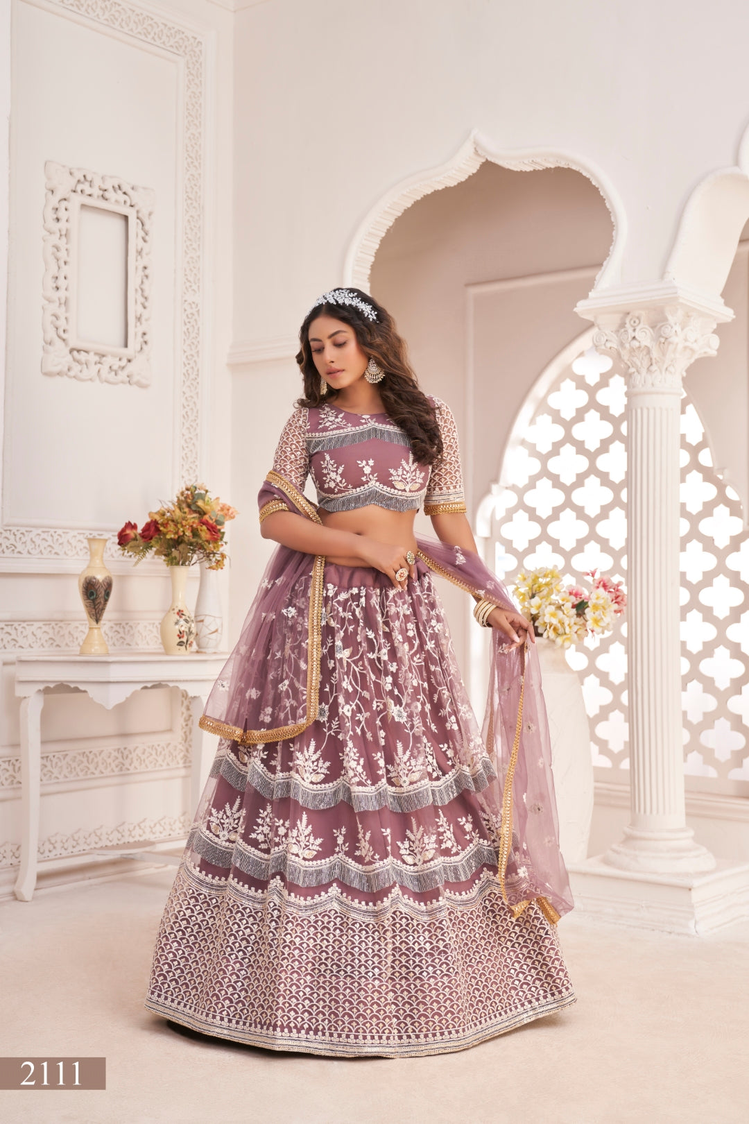 Dark Onion Butterfly Net Lehenga with White Thread, Zari & Sequin Embroidery