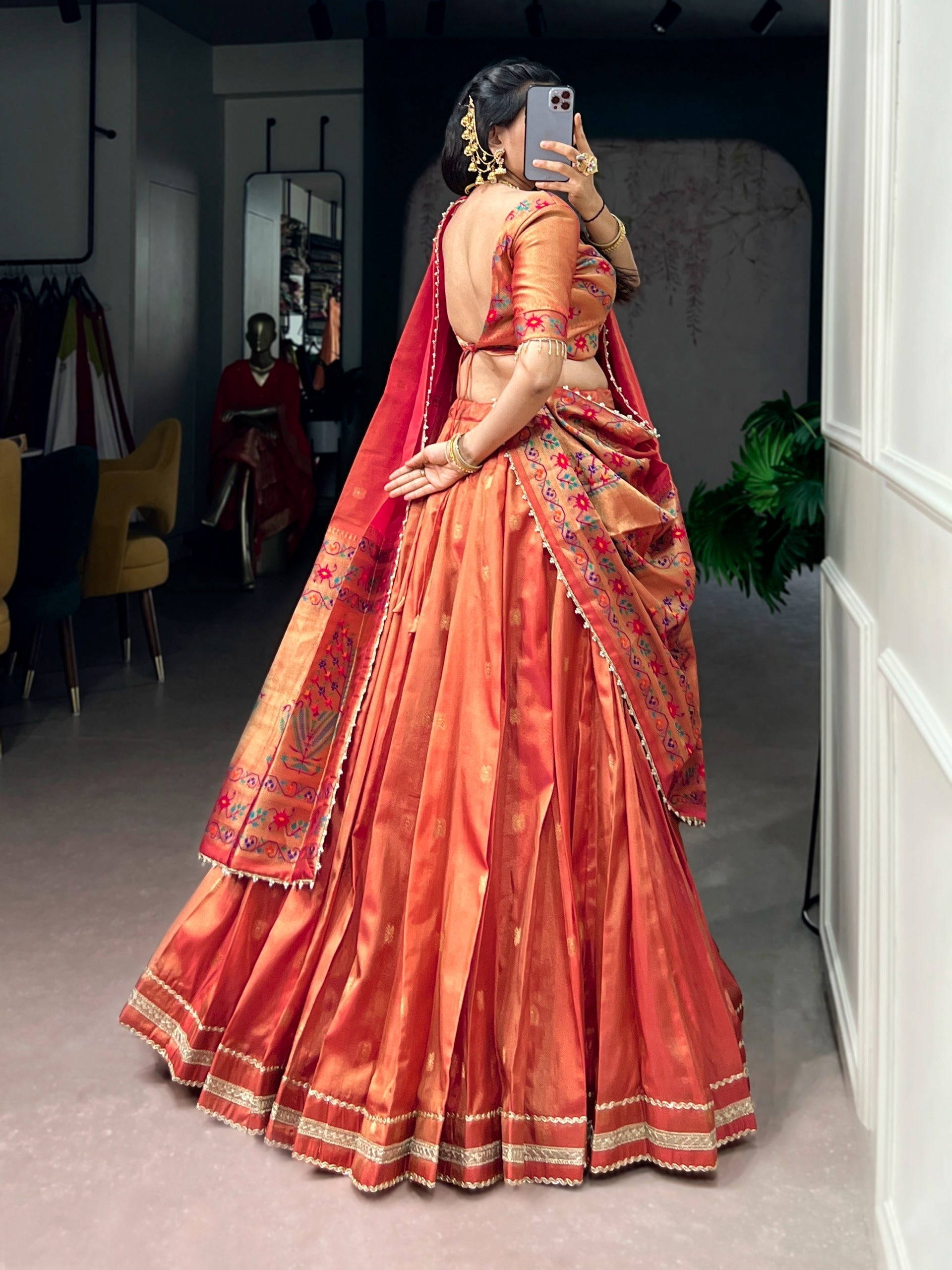Dark Peach Shimmer Zari Weaving Lehenga