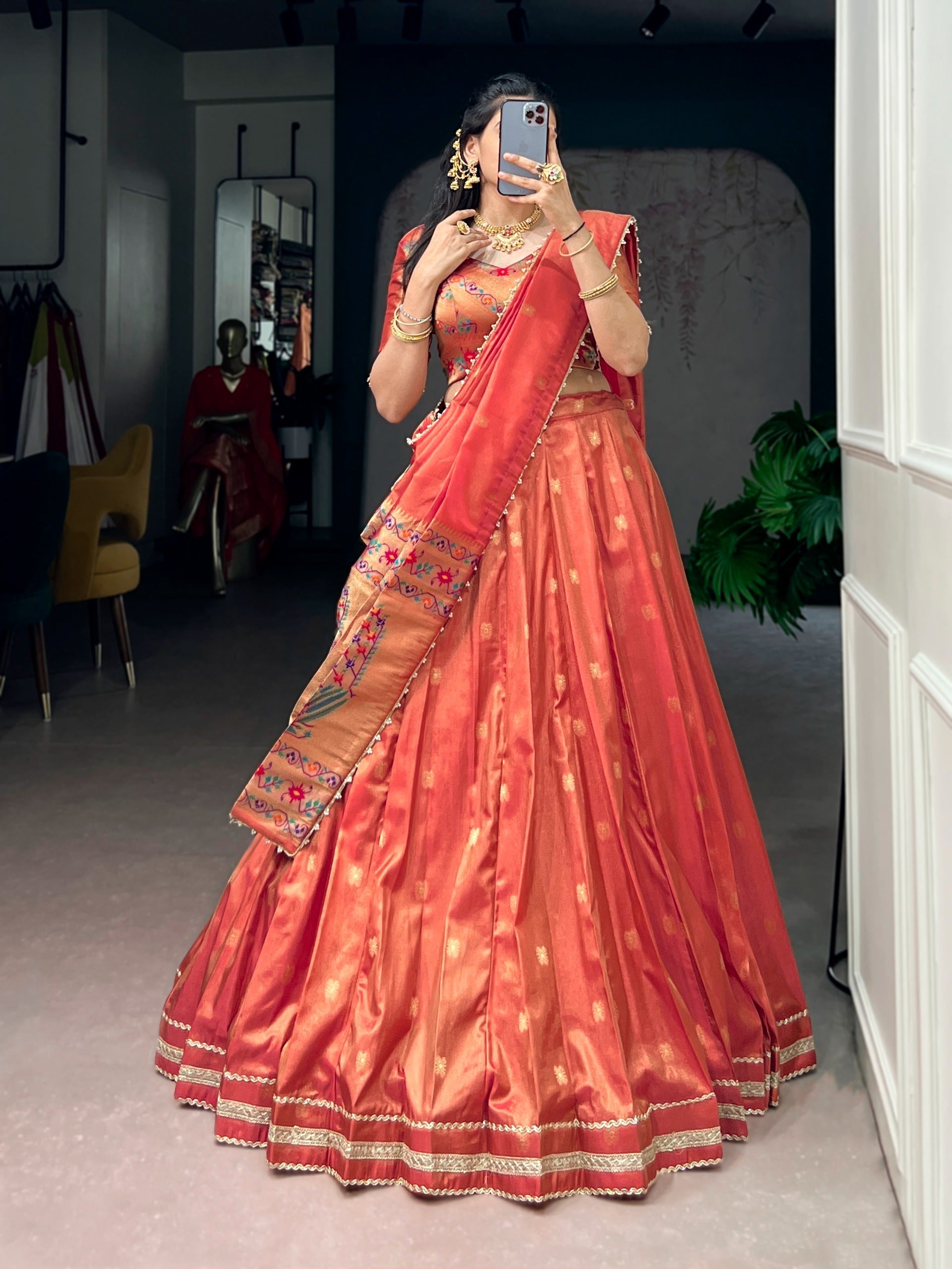 Dark Peach Shimmer Zari Weaving Lehenga