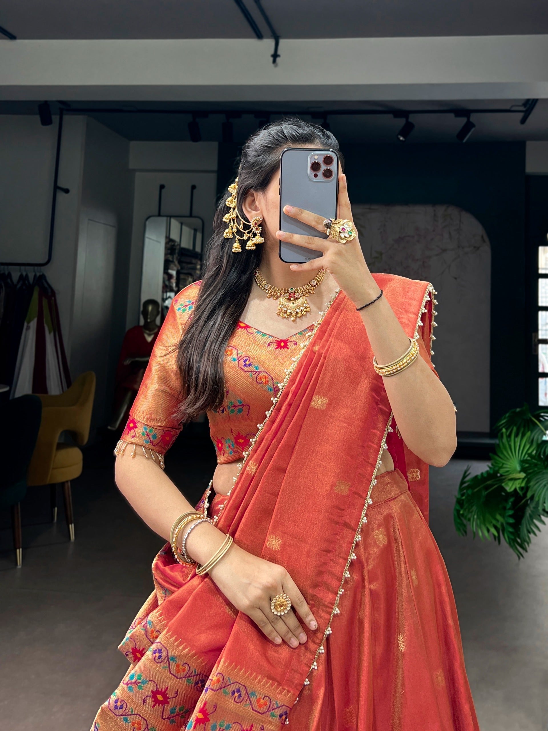 Dark Peach Shimmer Zari Weaving Lehenga