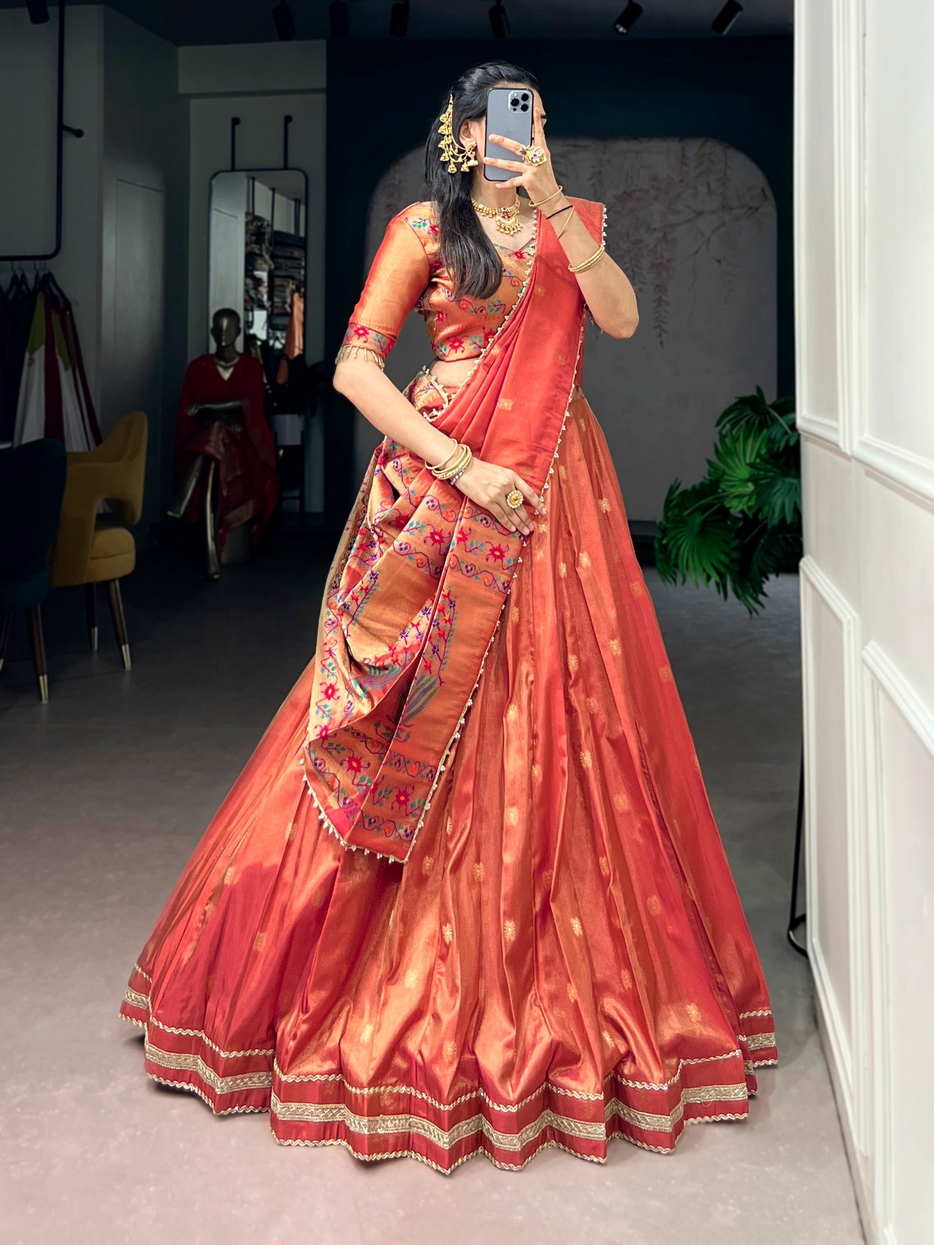 Dark Peach Shimmer Zari Weaving Lehenga