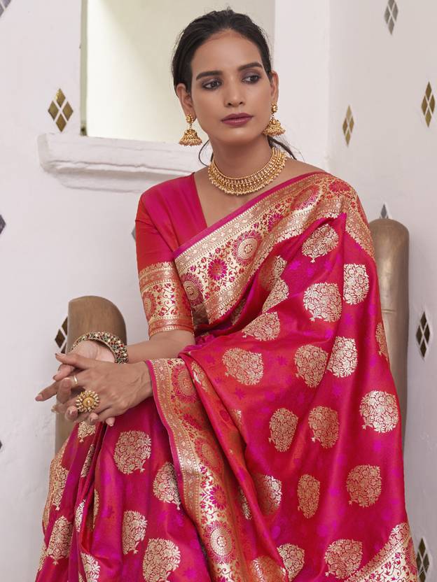 Dark Pink Elegant Banarasi Satin Saree with Unstitched Blouse Piece
