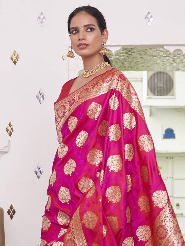 Dark Pink Elegant Banarasi Satin Saree with Unstitched Blouse Piece
