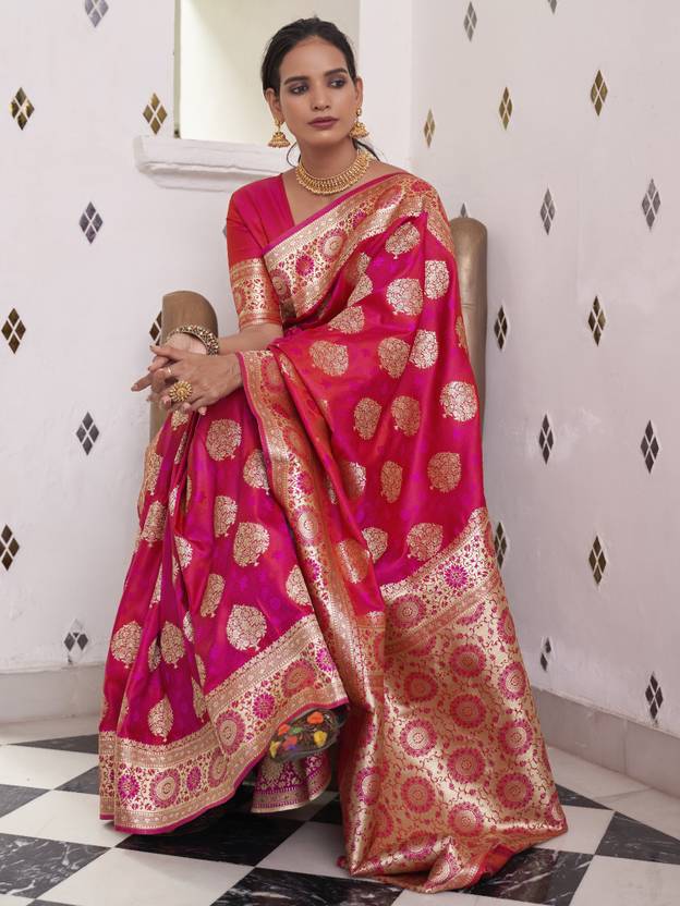 Dark Pink Elegant Banarasi Satin Saree with Unstitched Blouse Piece