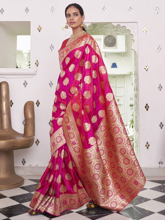 Dark Pink Elegant Banarasi Satin Saree with Unstitched Blouse Piece