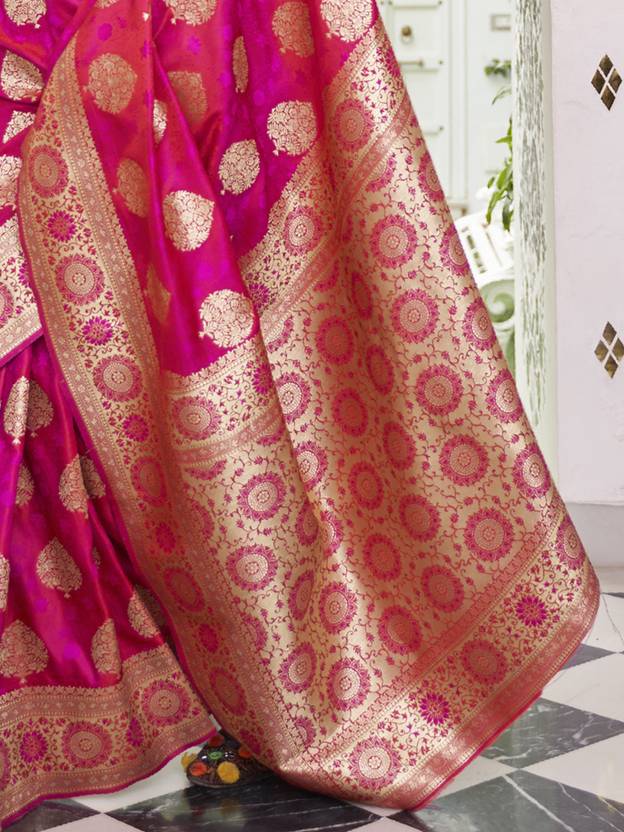 Dark Pink Elegant Banarasi Satin Saree with Unstitched Blouse Piece