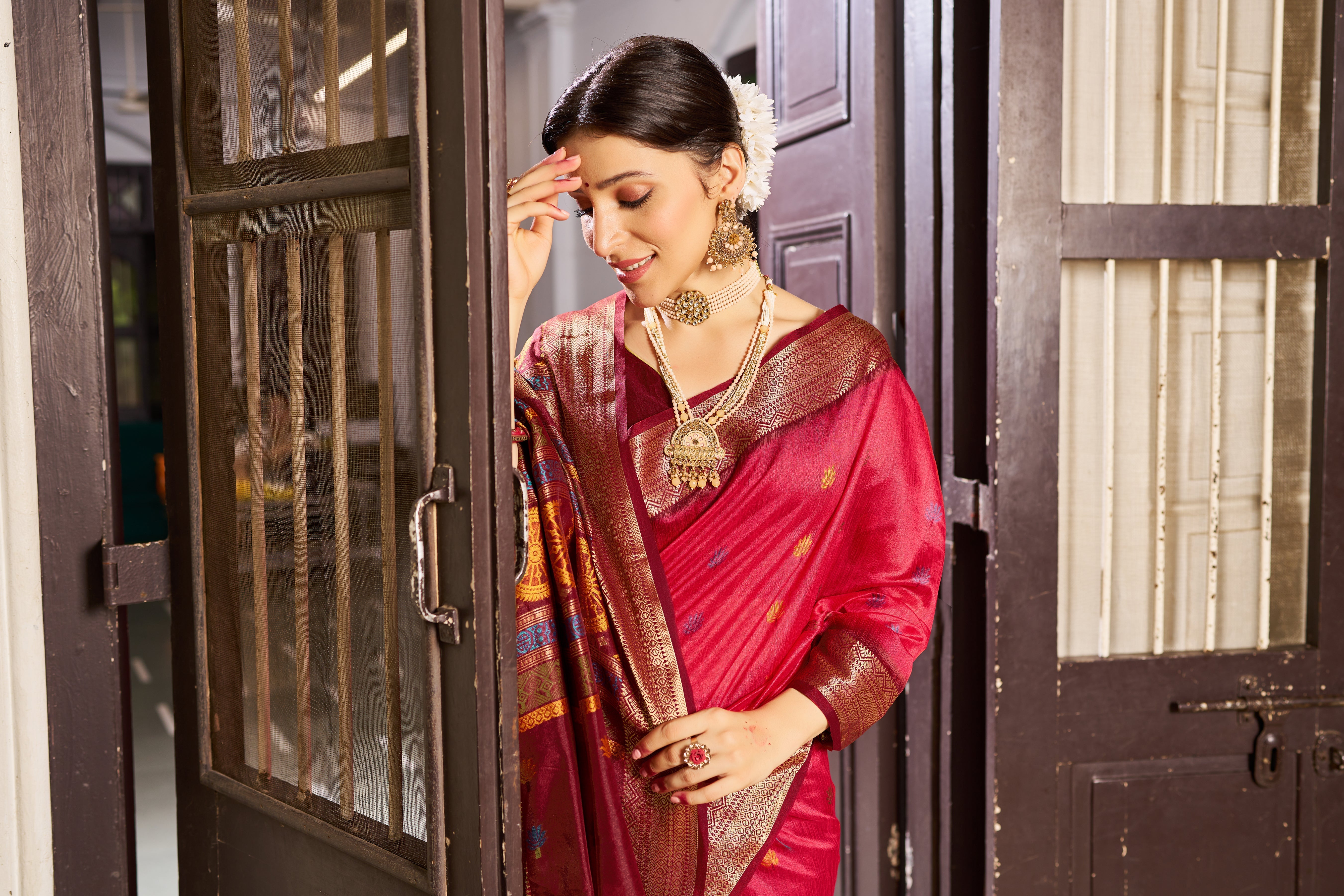 Dark Pink Elegant Slub Lilan Saree – Luxurious Semi Tussar Silk