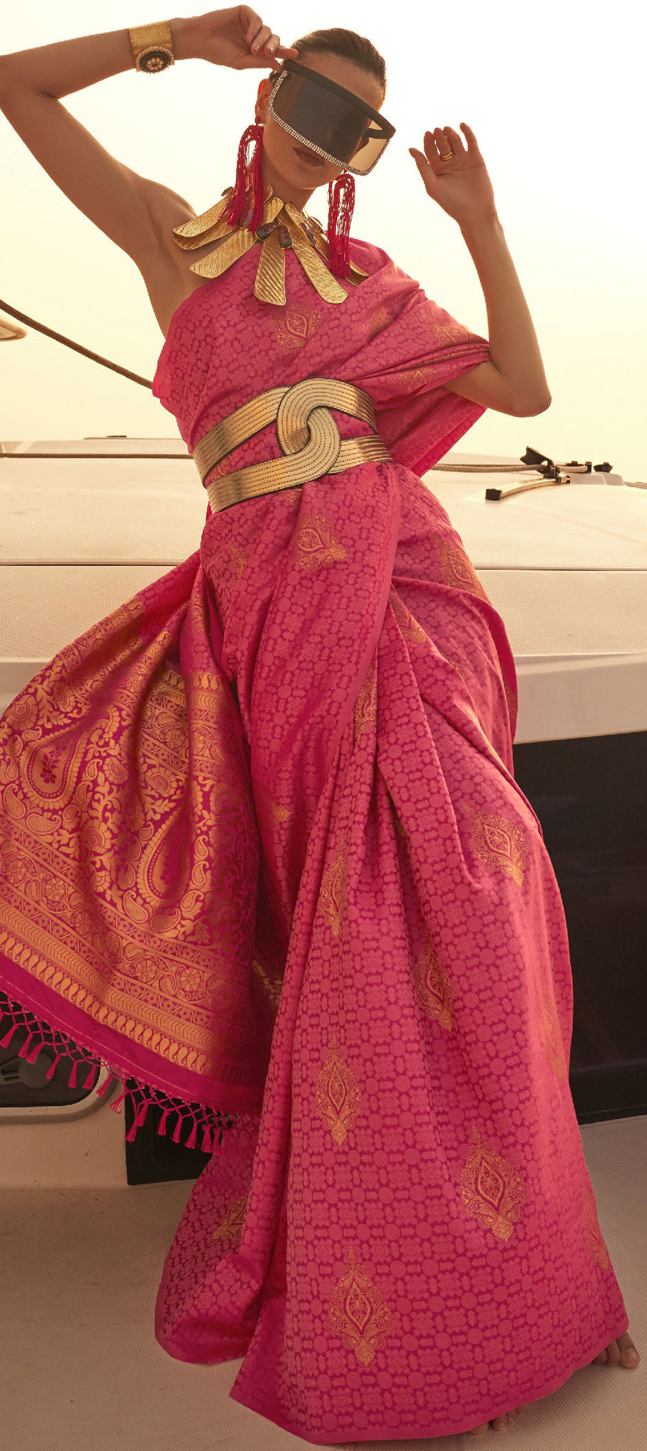 Dark Pink Graceful Silk Blend Kanjivaram Saree with Tassel Detailing