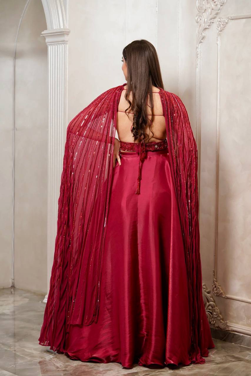 Dark Pink Mind-Blowing Japan Satin Silk Lehenga Set with Sequins & Thread Work