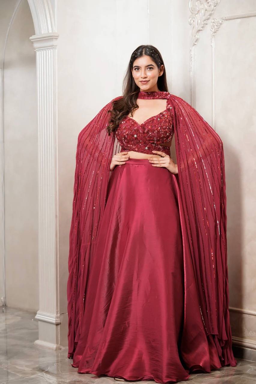 Dark Pink Mind-Blowing Japan Satin Silk Lehenga Set with Sequins & Thread Work