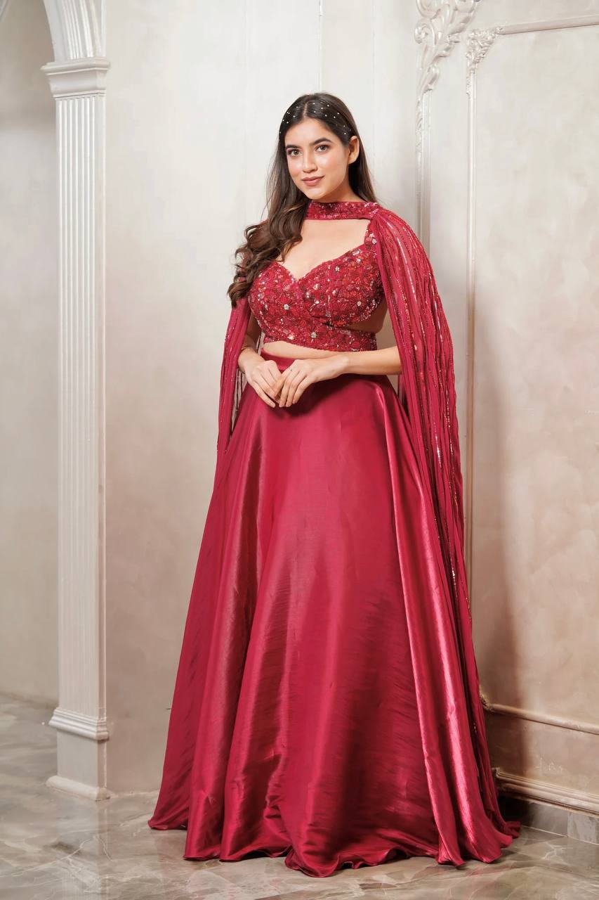 Dark Pink Mind-Blowing Japan Satin Silk Lehenga Set with Sequins & Thread Work