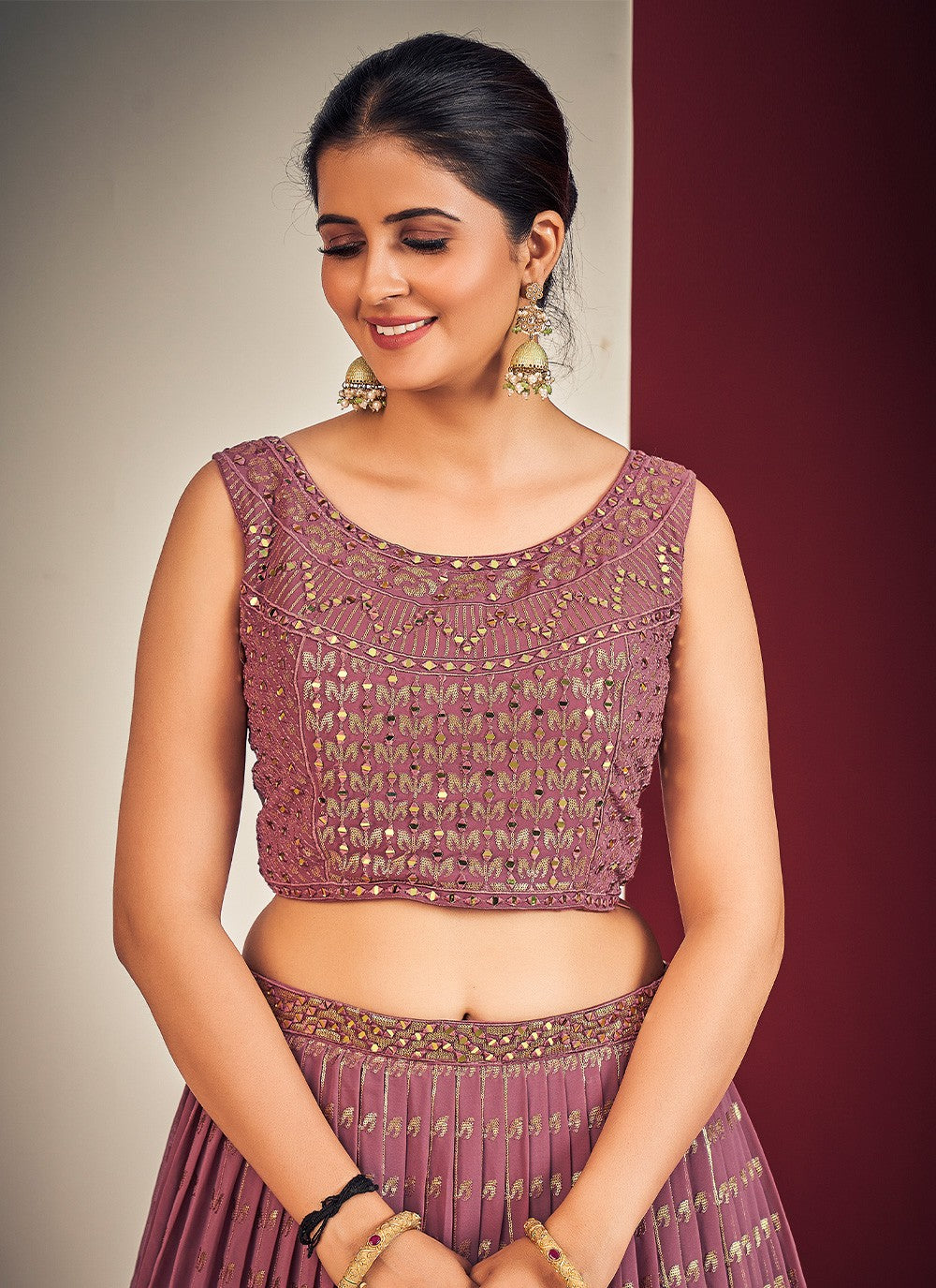 Dark Pink Pakistani Georgette Lehenga Choli For Indian Festivals & Weddings - Sequence Embroidery Work, Mirror Work