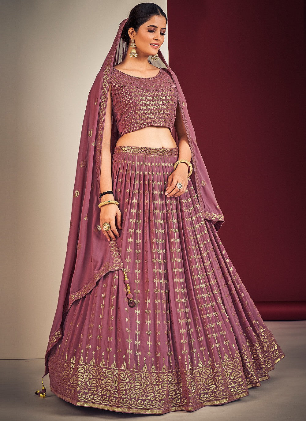 Dark Pink Pakistani Georgette Lehenga Choli For Indian Festivals & Weddings - Sequence Embroidery Work, Mirror Work